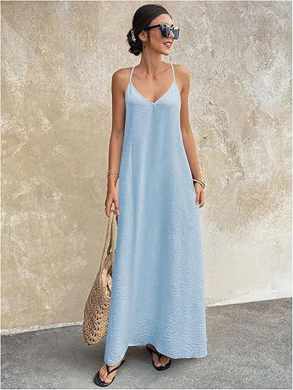 Women's New Solid Color Spaghetti Strap Deep Backless Loose Flowy Maxi Dress Elegant Comfort Casual Trendy Versatile Daily Dress
