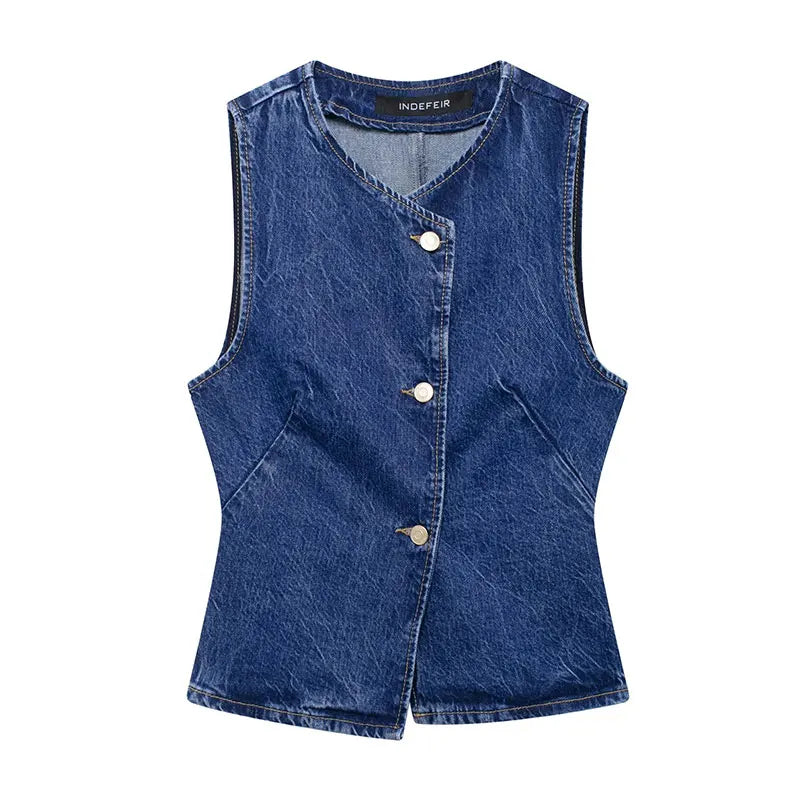 HH 2025 Summer Women Fashion Denim Trousers Set Solid Cropped Vest Top + Chain Lace Up Versatile Female Wide Leg Long Pant