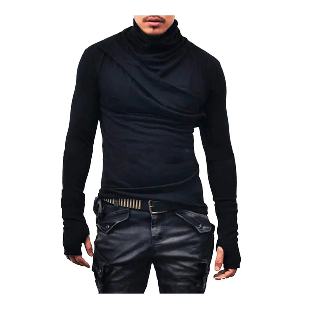 Spring Autumn Men Top Slim Fit Casual Men Pleated Collar Shirt Stretchy Long Sleeves Pullover Sweatshirt for Sports Street Wear