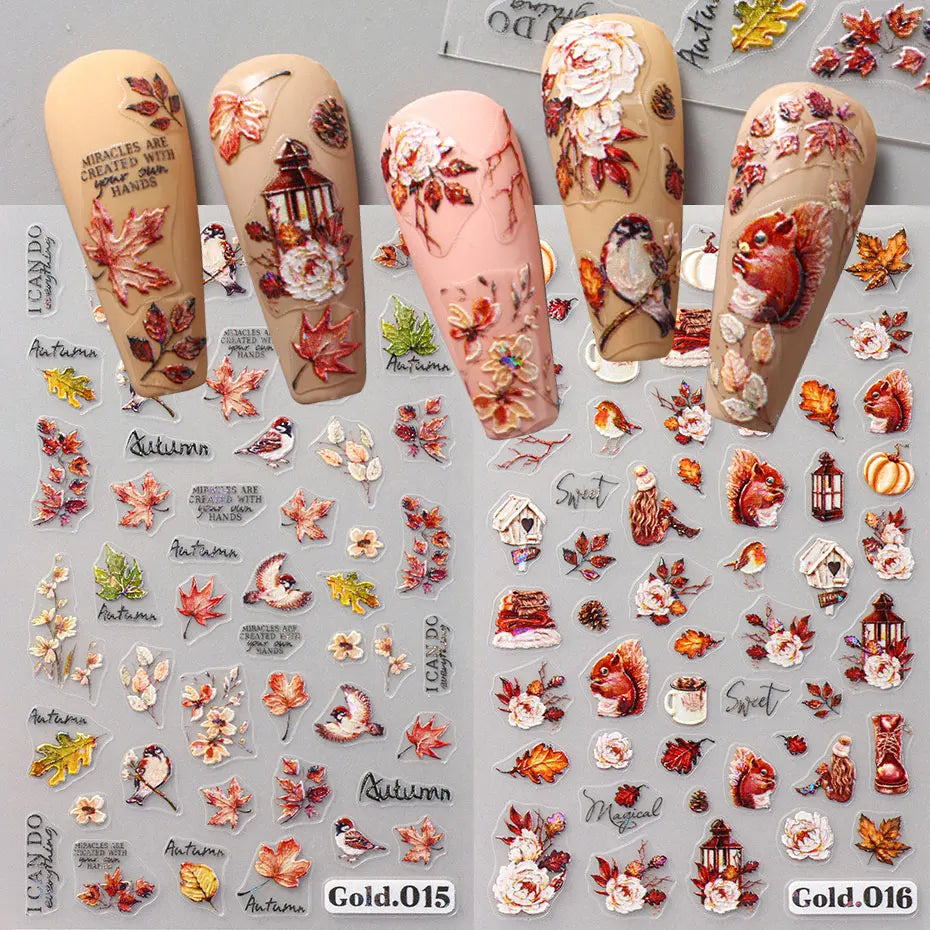 2/4pcs 5D Laser Autumn Bird Decals Fall Embossed Maple Leaves Squirrel Nail Sticker Fruits Flower Engraved Charm Manicure Decor