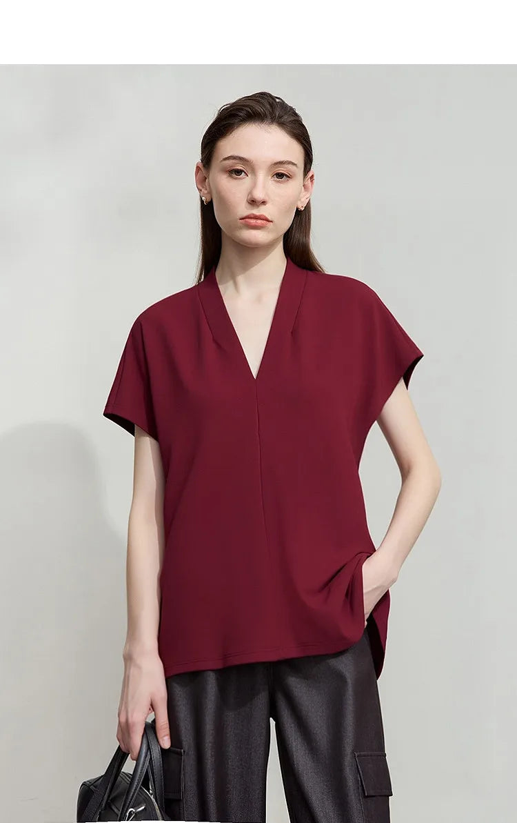 AMII Minimalism 2026 Summer Women's T-shirt Classic Style Casual V-neck Short Sleeve Solid Stretch Female Tops & Tees 12312013