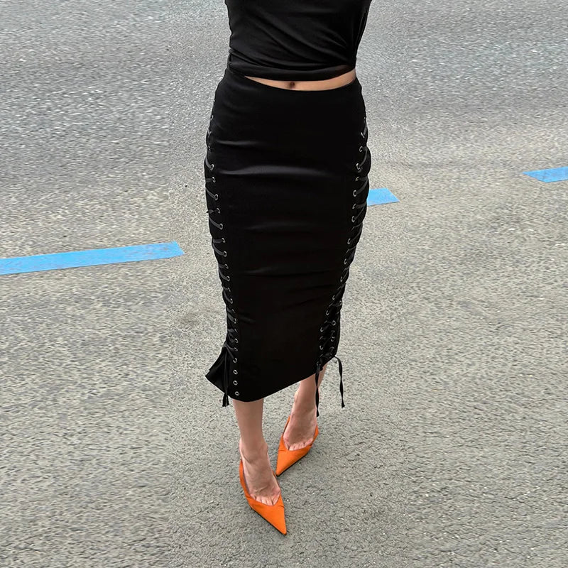 Women's Midi Skirt High Waist Side Lace‑Up Midi Skirt Bodycon Tie Adjust Hip Fitted Skirt City Date Going Out 2026 New For Women