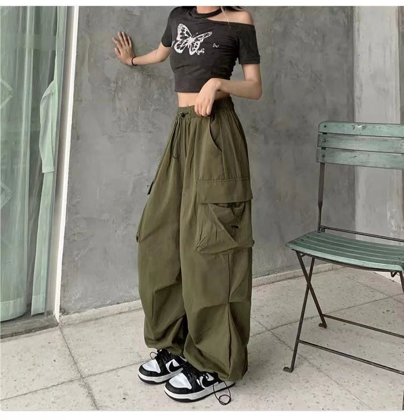 Women Streetwear Cargo Pants Elastic Waist Multi Pocket Loose Wide Leg Vintage Drawstring Casual Trousers
