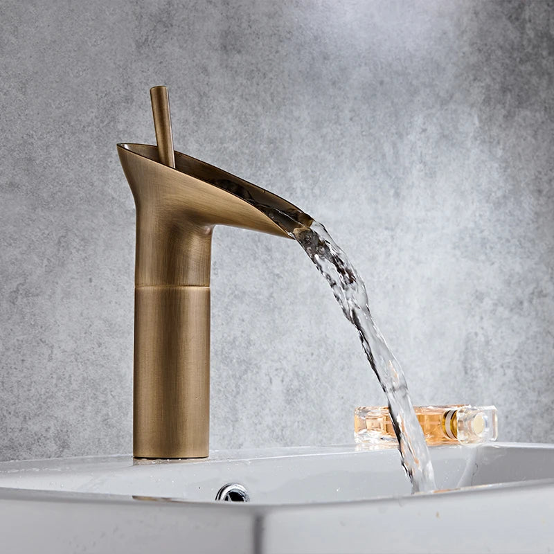 Bathroom Basin Faucet Sink Mixer Gun Grey Color Hot Cold Water Mixer Deak Mounted Waterfall Style Copper Sink Taps FR651