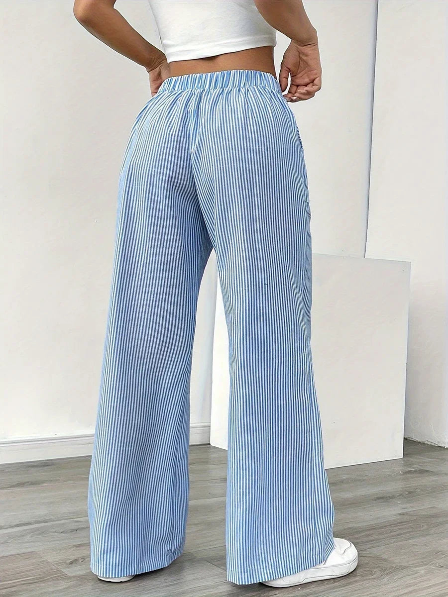 New Korean Style High Waist Drawstring Wide Leg Pants Women Vertical Striped Loose Casual Trousers Elastic Waist with Pockets
