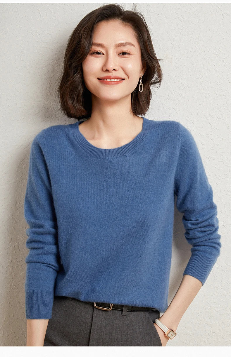 100%Merino Pure Wool Pullover Sweater For AutumnWinter Women's Round Neck Warm High-Quality Solid Color Basic Knitted Jumper Top
