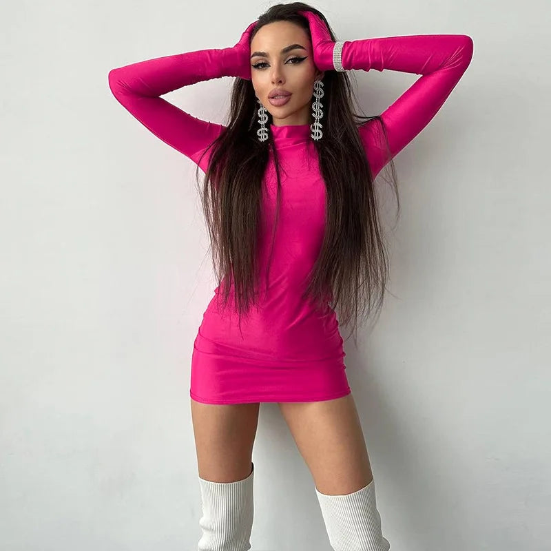 Solid Long Sleeve Mini Dress with Gloves Sexy Streetwear Party Outfit Half Turtleneck Bodycon Y2K Style Wholesale