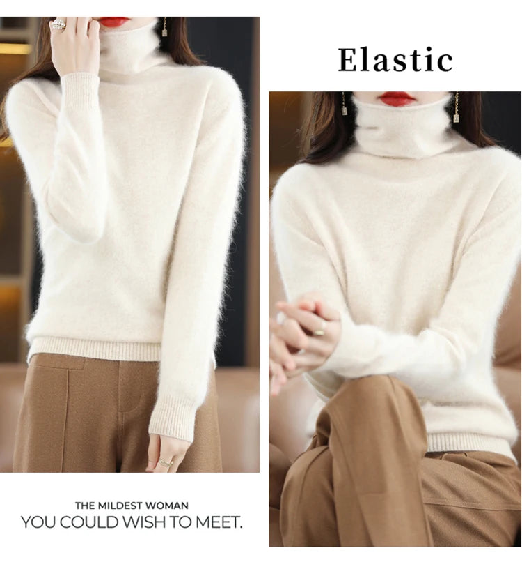 Women's Pile Collar 100% Mink Cashmere Sweater Winter High Collar Knitted Pullover Casual Short Thick Tops Loose Warm Base Shirt
