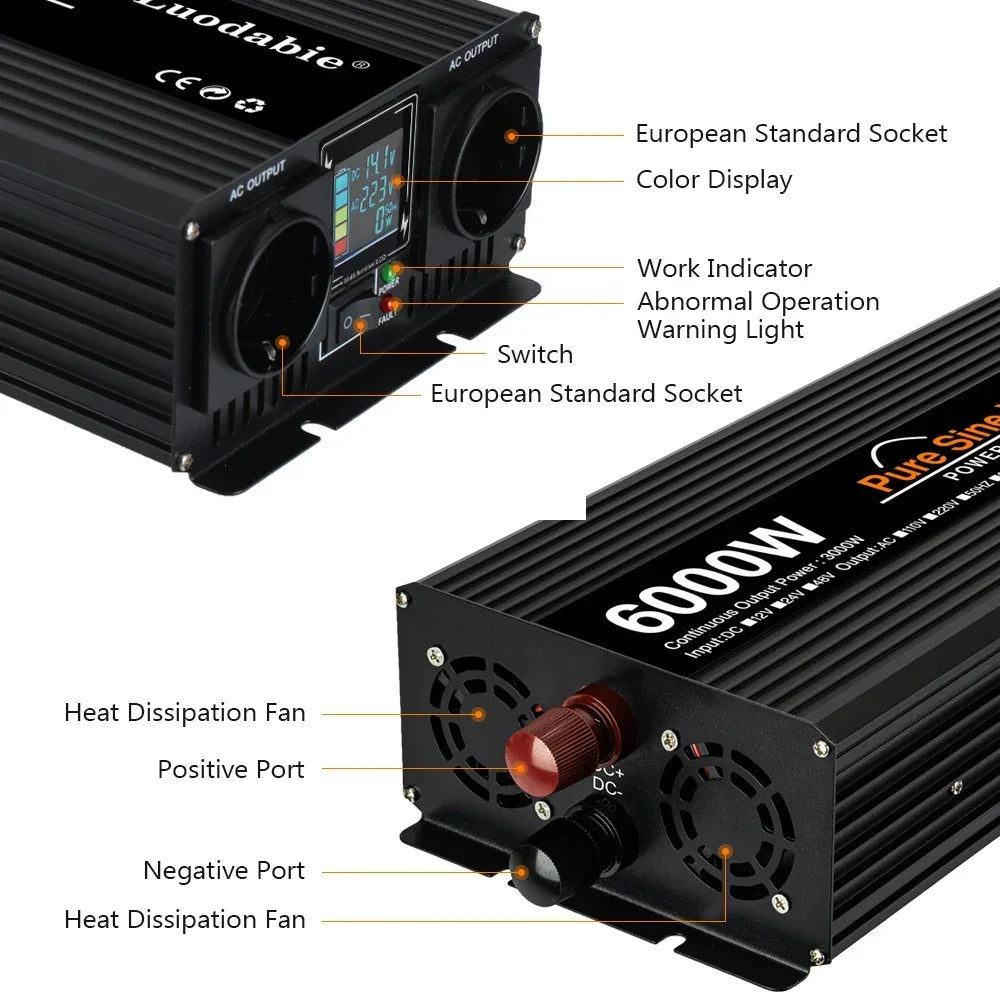 RDDSPON Pure Sine Wave Inverters 4000W 5000W 6000W  Double EU Socket DC 12V 24V 48V to AC 220V Voltage Converter inversor solar