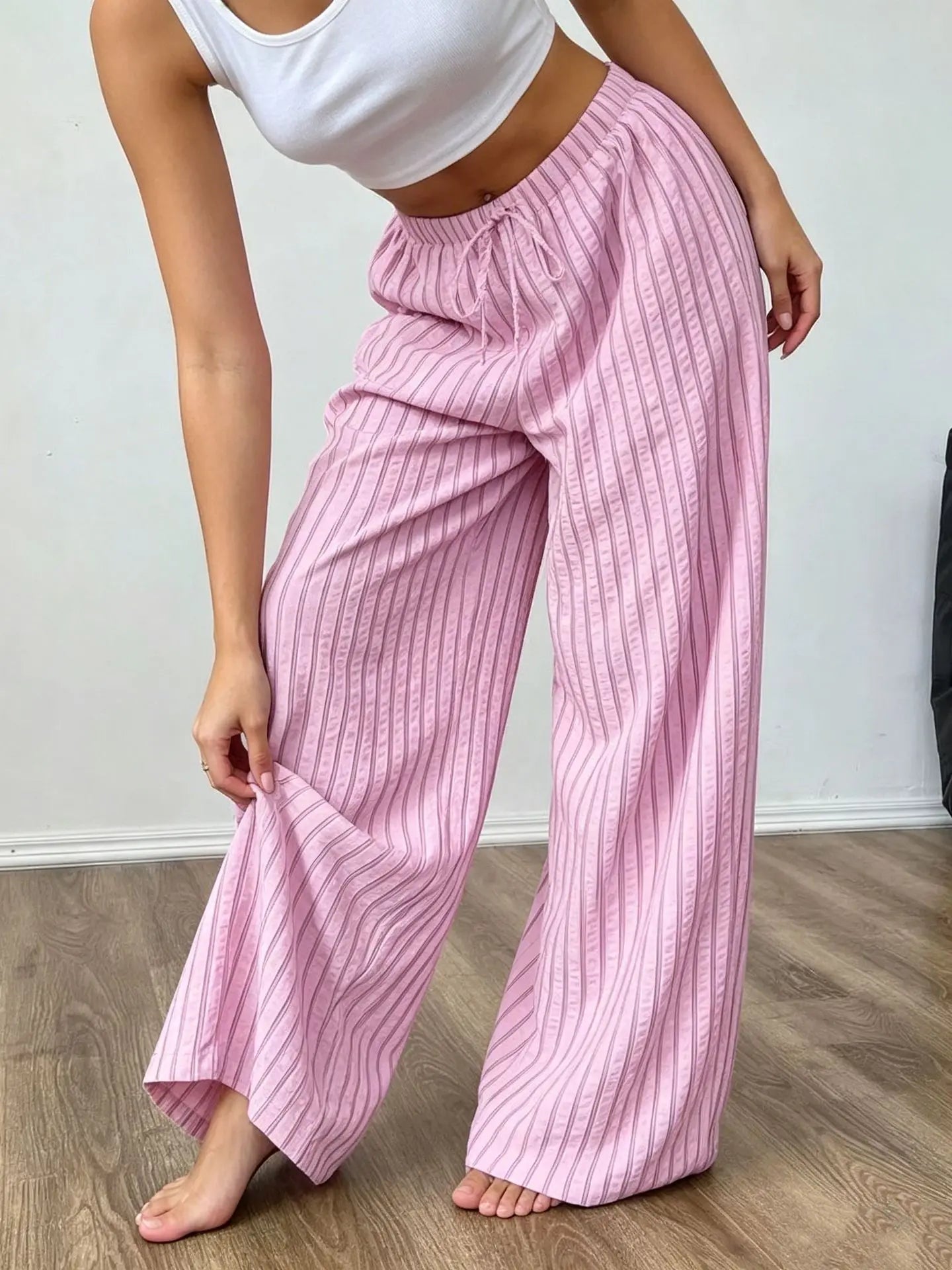 Women's Casual Striped Wide-Leg Pants   Summer Commute Fashion Drawstring Elastic Waist  Versatile Relaxed Straight Leg Trousers
