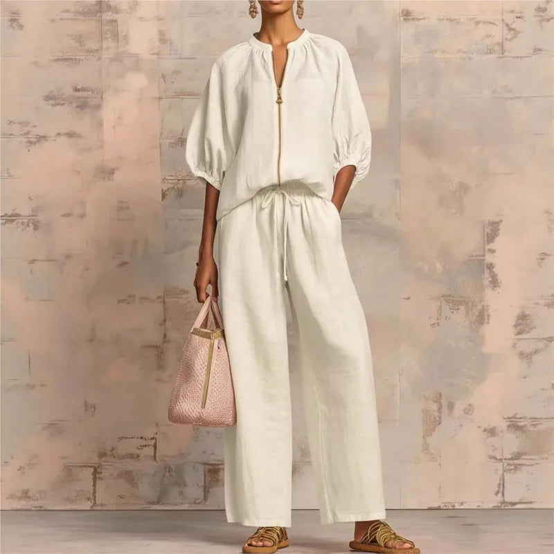 Women Solid 2 Piece Set Chic Laple Zipper Puff Sleeve Top + Wide Leg Pants Outfit Casual Matching Set for Vacation Daily Wear