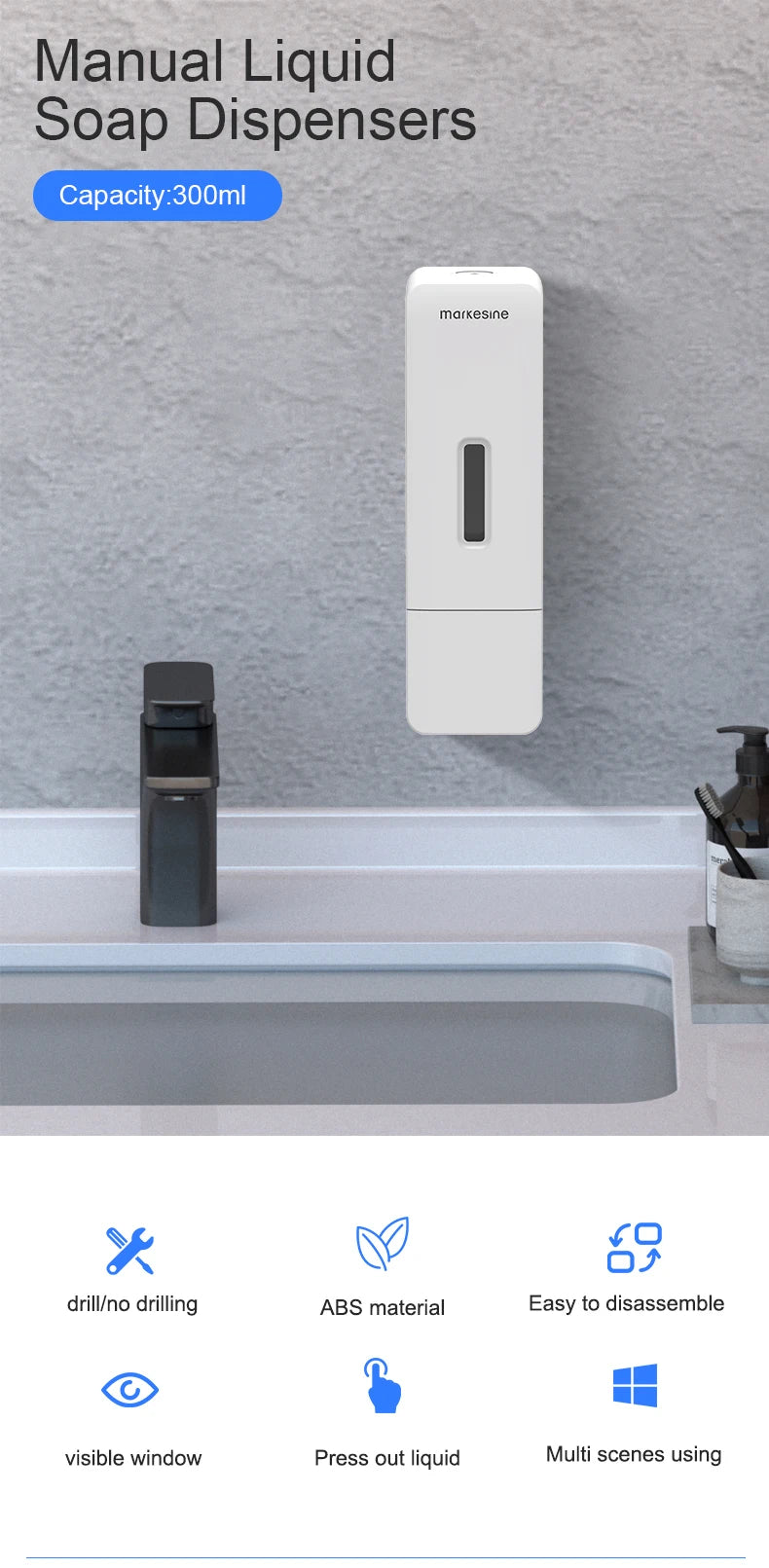 Liquid Dispensing Bottle Shower and Lotion Dispenser Waterproof Shampoo Gel Container Wall Mount Manual Press Soap Dispenser