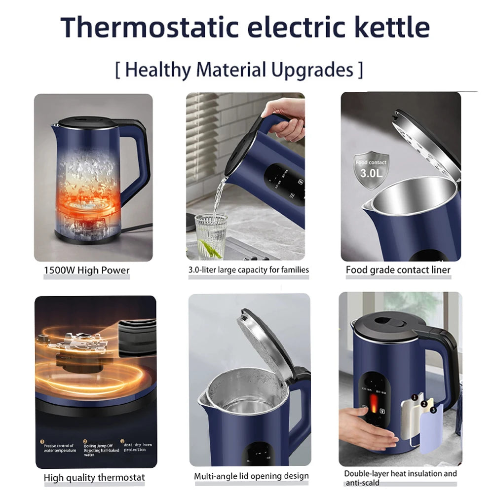 2.2L Stainless Steel Electric Large Tea Kettle 1500W Fast Boil Hot Water Boiler Thermal Water Kettle for Making Tea and Coffee