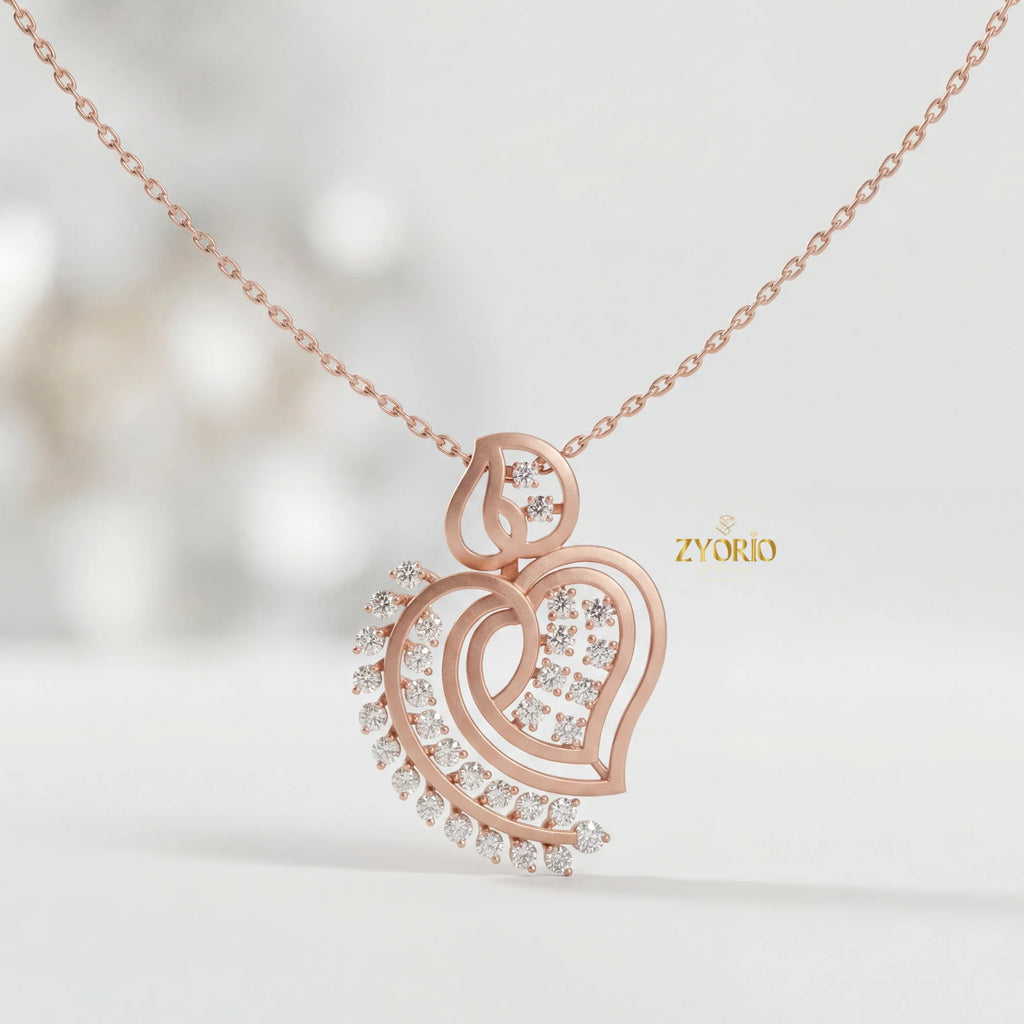 ZYORIO Rose Gold Heart Pendant Necklace With Round Diamond Claw Setting Romantic Women's Snake Chain Jewelry