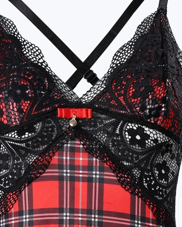 Womens Dresses 2024 Summer Plaid Print Crisscross Backless Sleep Dress Contrast Lace Plunge Sleeveless Nightgown Sleepwear