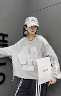 2025 Autumn New European Goods Sweatshirt Distressed Washed Letters Embroidery Patch Ripped Loose Casual Short Sweatshirt Women