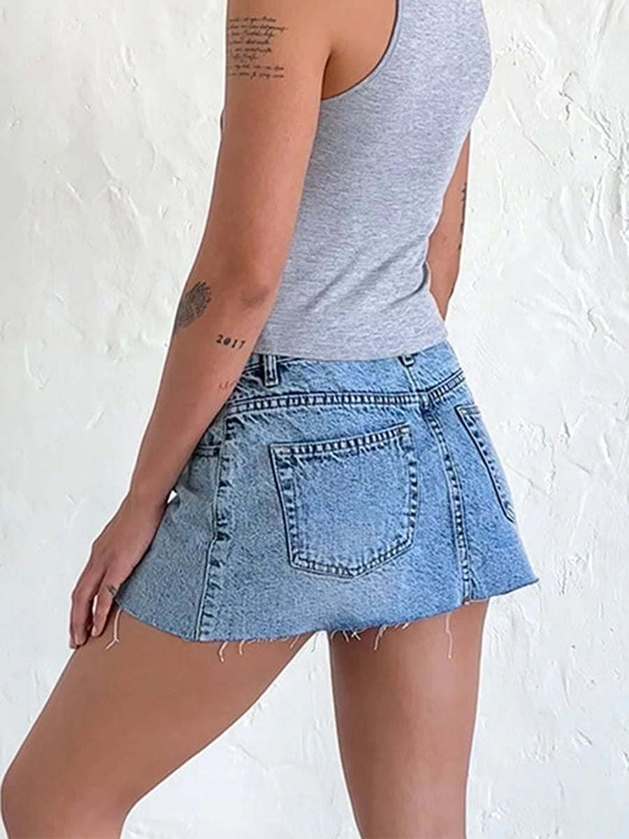 New Womens Denim Mini Skirts Low Waist Raw Hem Casual Fashion Jean Skirts For Summer Club Street Style S-2XL