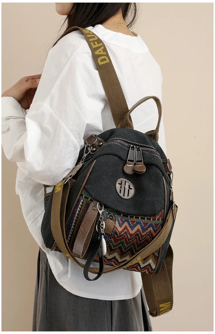 Denim ethnic style embroidered women's double shoulder bag, color-matched large capacity backpack, multi-purpose crossbody bag