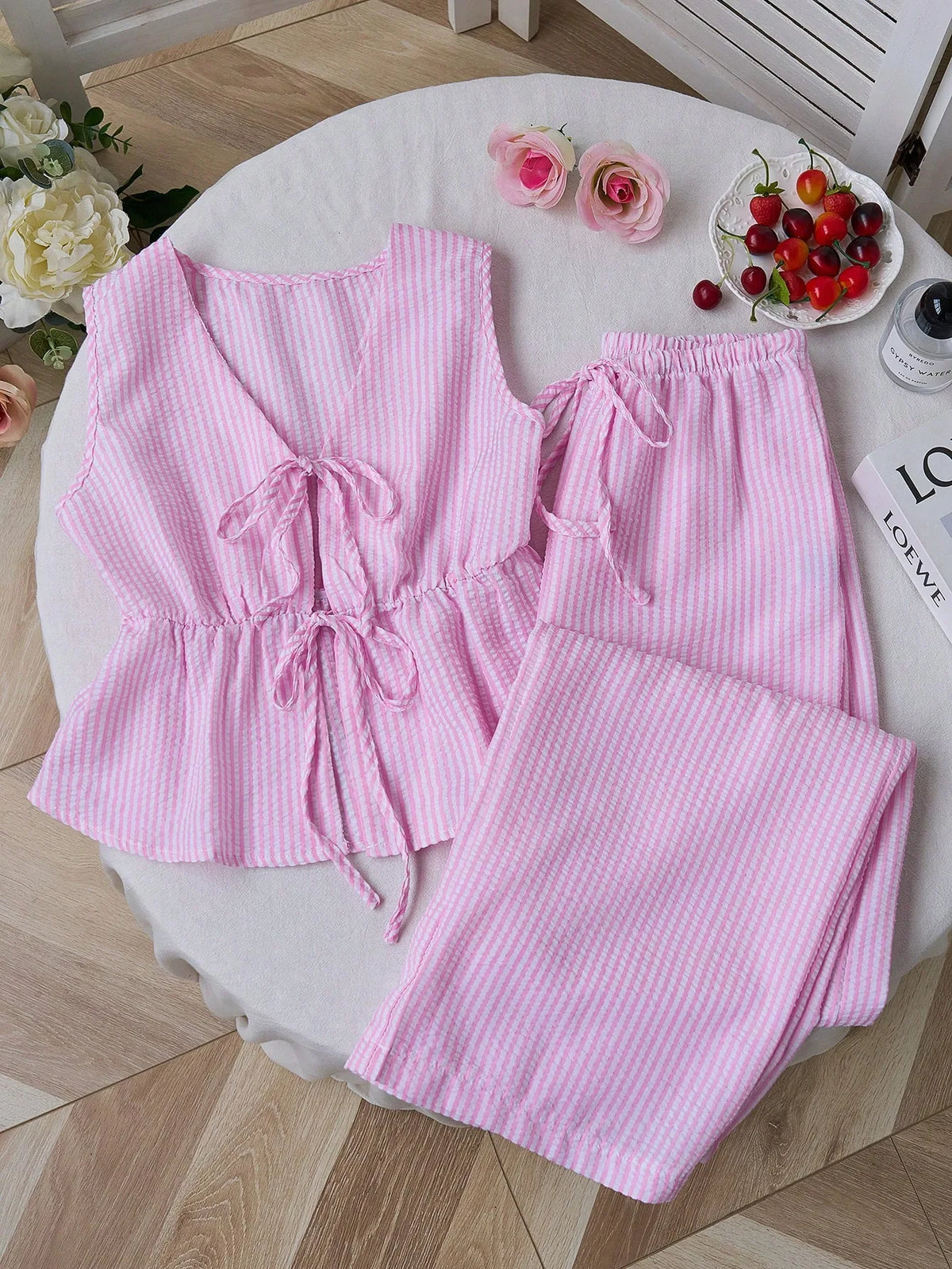 New Summer Striped Trousers Set Casual Everyday Comfortable Holiday Style Sleeveless Lace-up Wide-leg Trousers Two-piece Sets