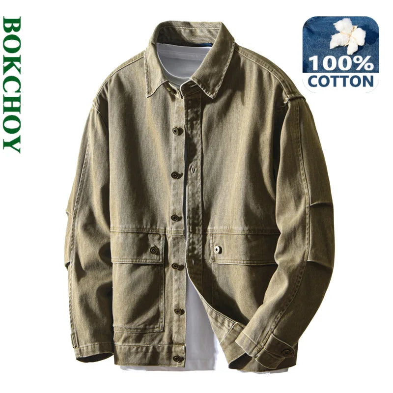 Autumn New Cargo Loose and Comfort 100% Cotton Jackets for Men Vintage Sense of Layering Streetwear Men Shirts AZ889