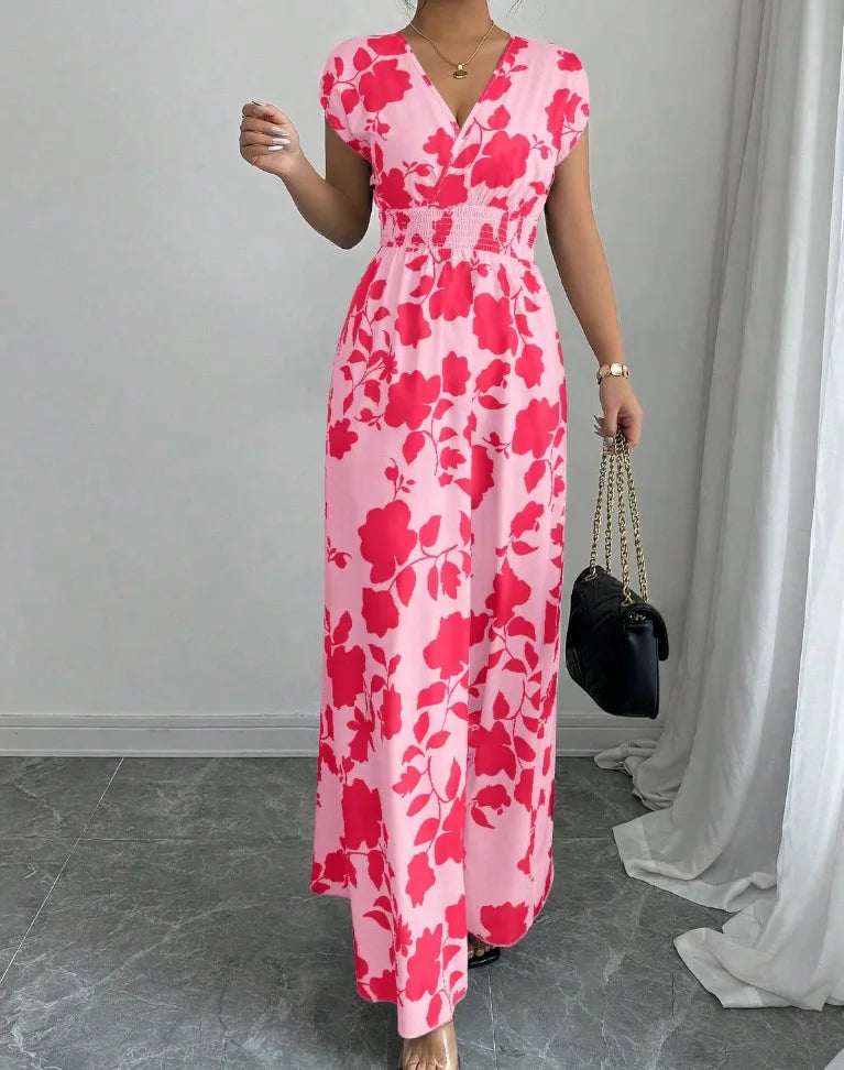 2026 Women's New Fashion Casual Daily Comfortable Elegant Lace-up Floral Print V-neck Short Sleeve Waist Women's Long Dress