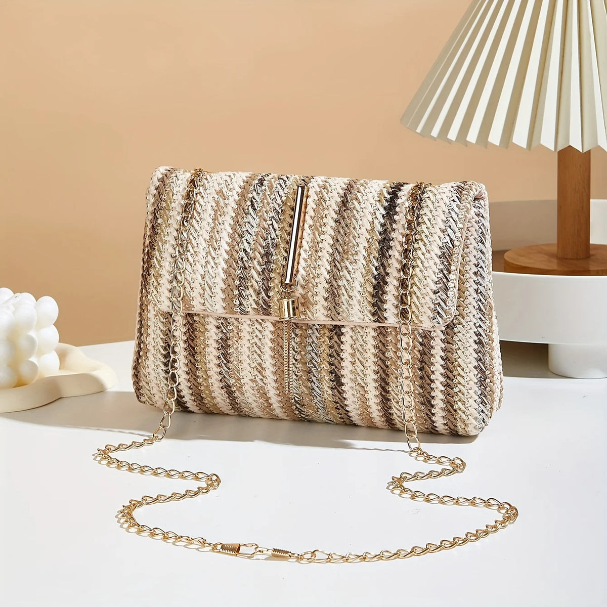 Chic Rainbow Stripe Straw Crossbody Bag for Women Adjustable Shoulder Strap Magnetic Closure Tassel Accent, Fashion Square Purse