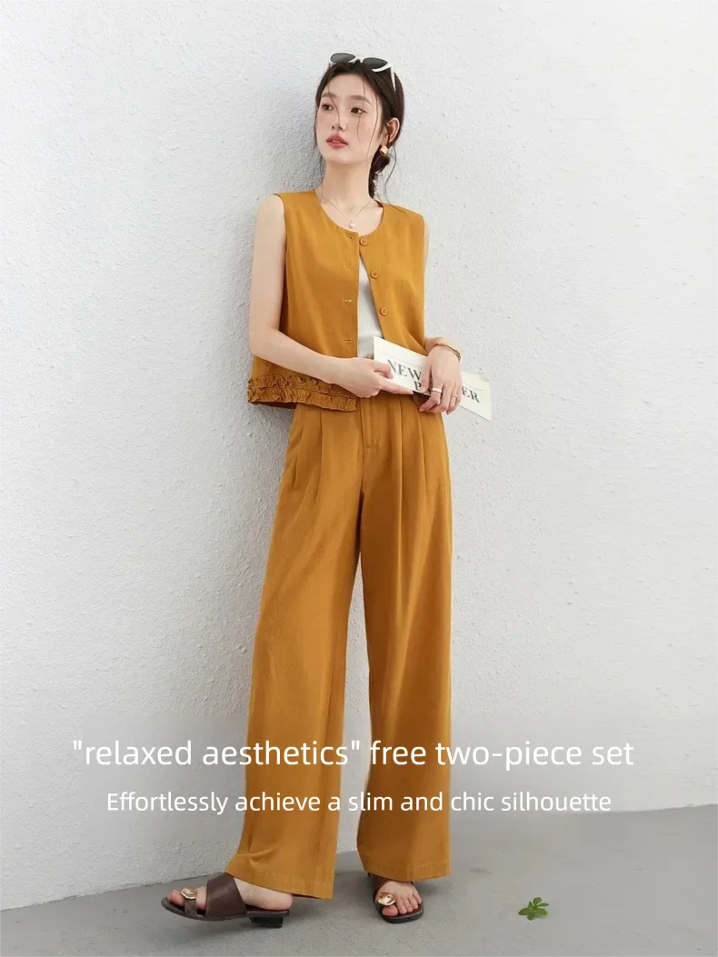 VIMLY Office Two-Piece Set Women 2026 Summer New Fashion Ruffle Hem Cropped Sleeveless Vest Wide Leg Pants Casual Outfit A6153