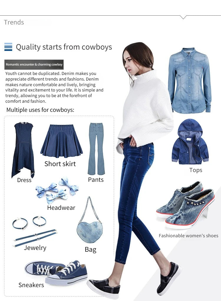 Washed Denim Jeans Fabric Cotton By The Meter for Needlework Dress Skirt Shirt Jacket Pants Diy Sewing Wearable Soft Cloth Blue