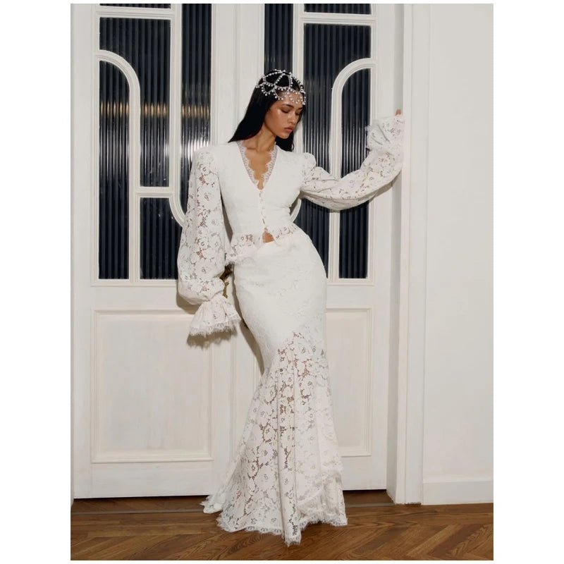 Women's Elegant Lace Up Flared Sleeve Long Dress Fashion Hollow Out Off Shoulder Bodycon Vestidos 2024 Lady New Beach Partywear