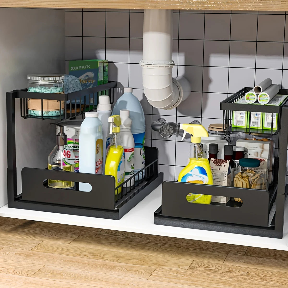 Under Sink Sliding Drawer Organizer - Metal Storage Rack with Pull-Out Shelves - Multi-Room Kitchen Bathroom Cabinet Organizer