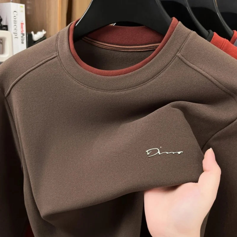 Unique fake two pieces round neck sweater men fashion brand letter emboss pullover autumn winter warm velvet long sleeve T-shirt