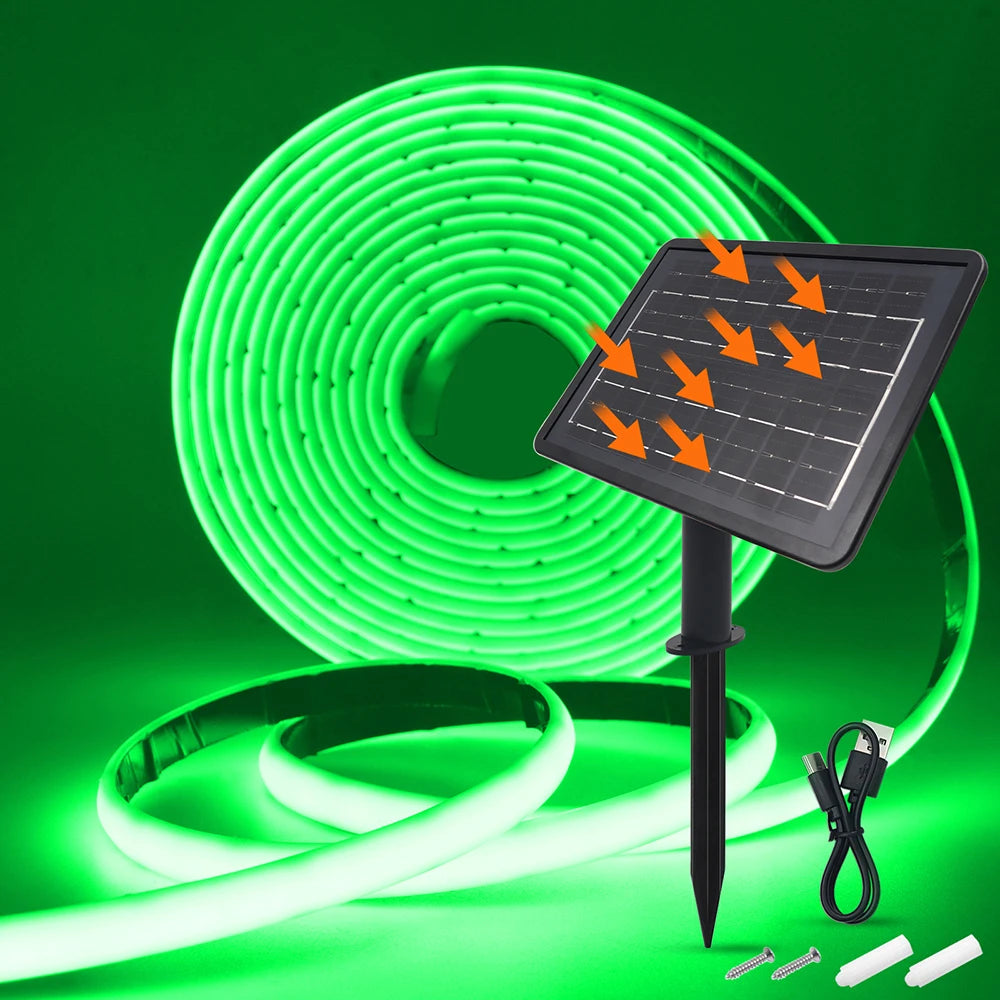 Solar Neon Light Strip 24V COB Waterproof IP68 Flexible LED Tape Red Green Blue Warm White 320LED/m High Density Linear Lighting