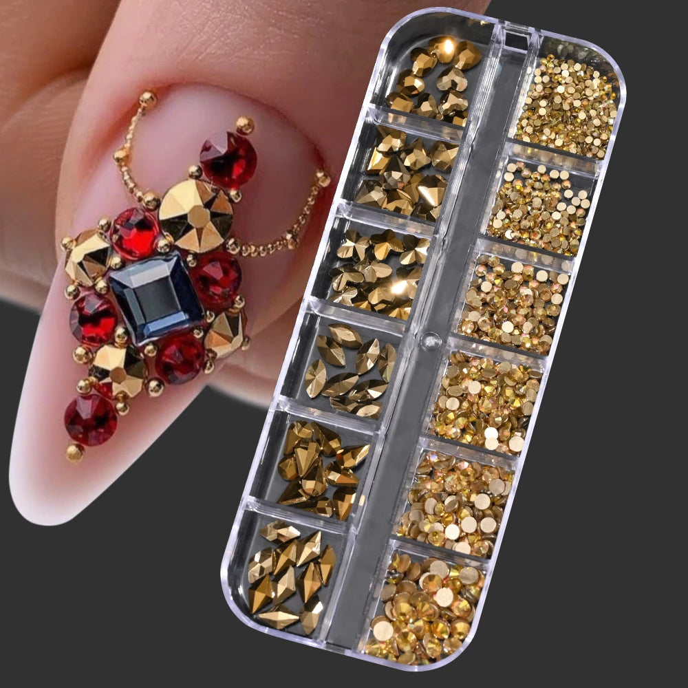 12Grids 3D Gold/Champagne Nail Art Rhinestones Mixed-Shapes Flat-Back Glass Diamonds Nails Charms Luxury DIY Manicure Decoration