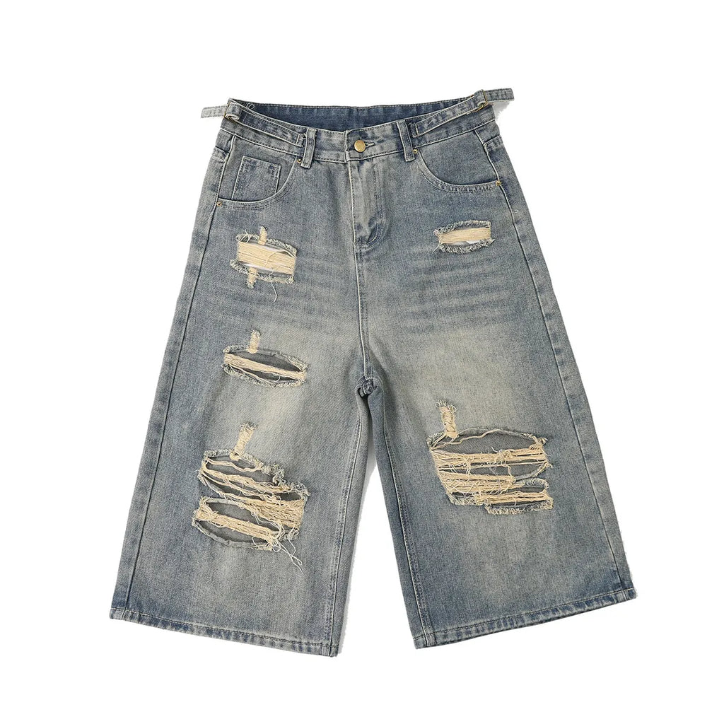 Men's Distressed Loose Fit Straight Leg Denim Capri Pants Casual Summer Jeans Ripped Details Trendy Casual Wear