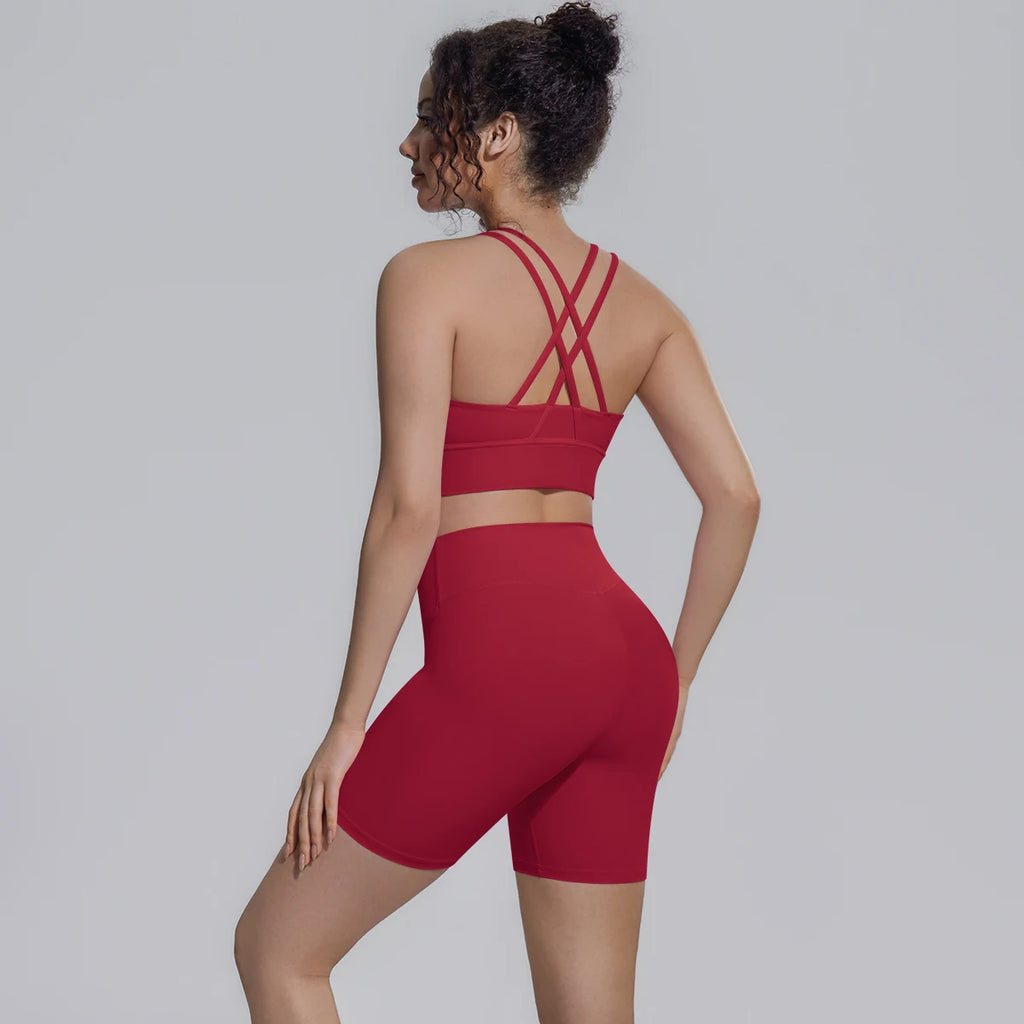 2PCS/set Yoga Set Summer Breathable Running Cycling Backless Sports Bra High Waist Peach Buttocks Fitness Shorts Gym Yoga Set
