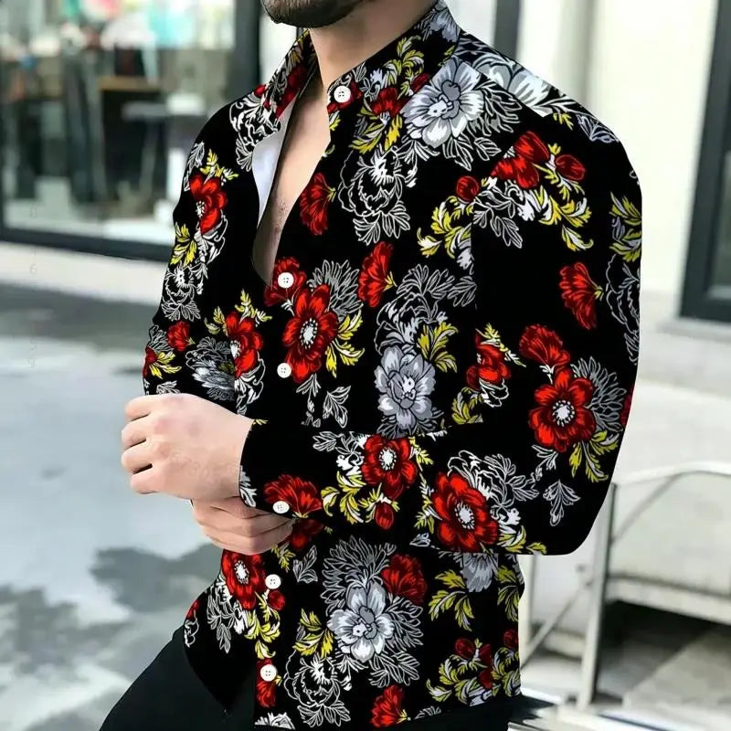 Men Long Sleeve Button Down Shirt Vintage Art Pattern Print Casual Daily Festival Outfit For