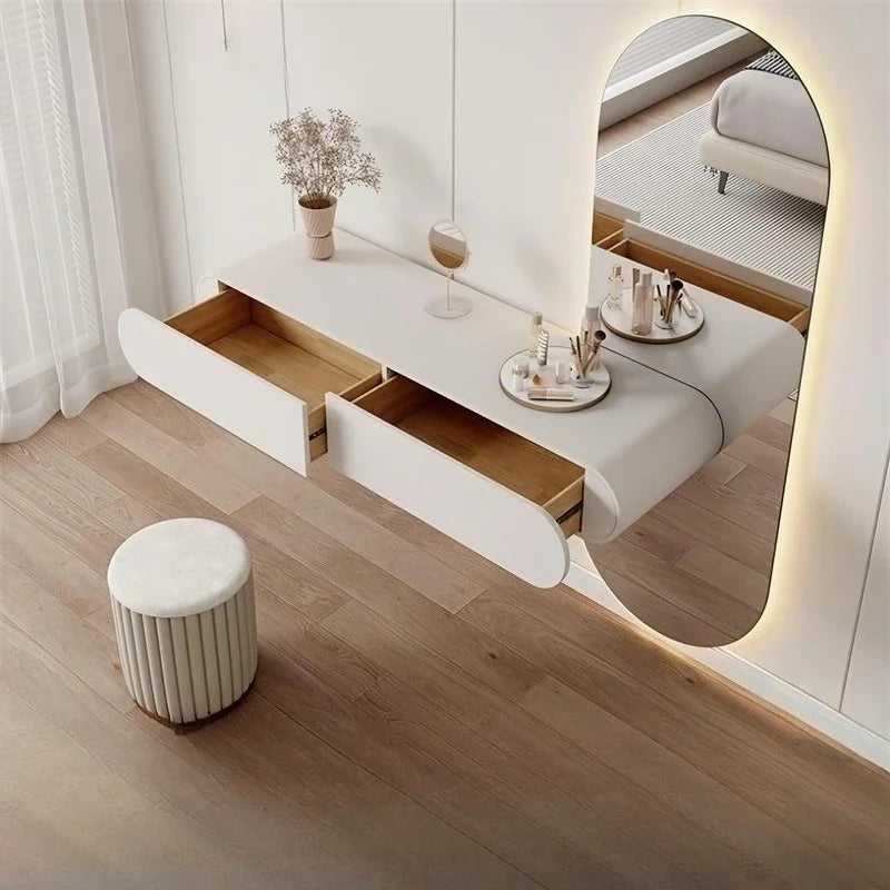Nordic Wall-mounted Makeup Vanities Creative Bedroom Furniture with Full-length Mirror Vanity Desk Wooden Storage Dressing Table
