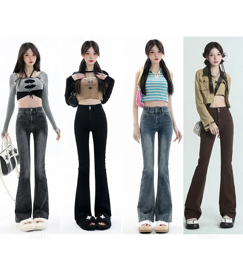 Women Jeans Cotton Denim Flared Pants Elastic Force Vintage Streetwear High Waist Slim Mom Harajuku Trousers Plus Length