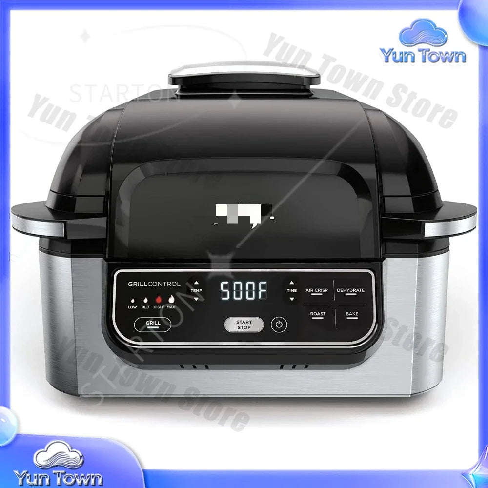 5-in-1 Indoor Electric Grill for Air Fryer Roast Bake Dehydrate Programmable Kitchen Appliance for Home Cooking Black Silver
