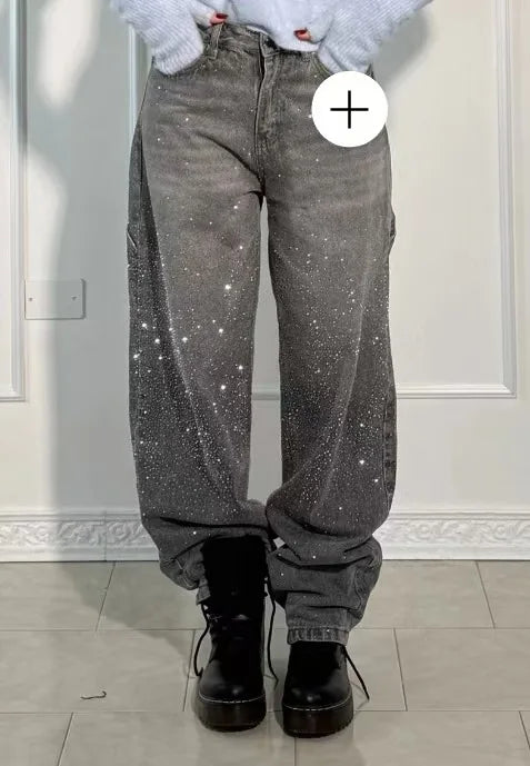 Shiny Rhinestone Baggy Women's Wide Leg Jeans Full Diamond Wide Leg Dragging Denim Pants Vintage Washed Pants Casual Trousers