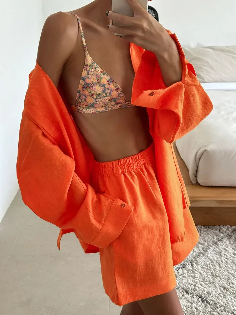 2026 Women's Chic Casual Shorts Sets 100% Cotton Solid Color Cozy Lapel Long Sleeve Shirt Summer New Elastic Waist Shorts Suits