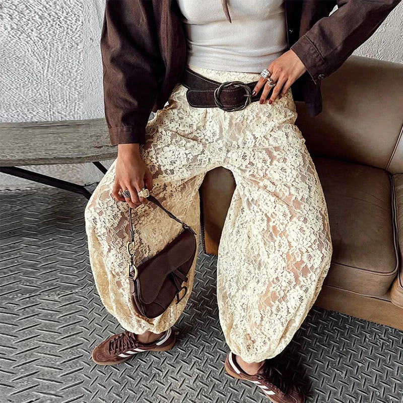 Sheer Floral Lace Tie Balloon Trousers High Waist 2026 Spring/Autumn Elegant Women Bottoms Fashion Chic Holiday Versatile Pants