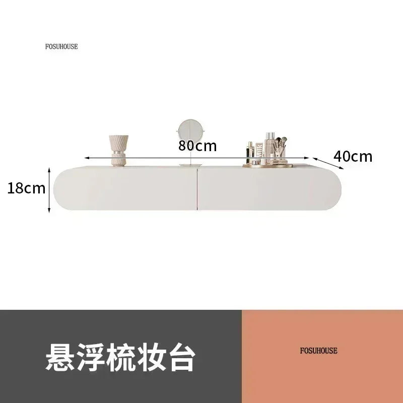 Cream Minimalist Wall Mounted Dressing Table with Mirror for Bedroom Furniture Suspended Vanity Set for Modern Home Decor