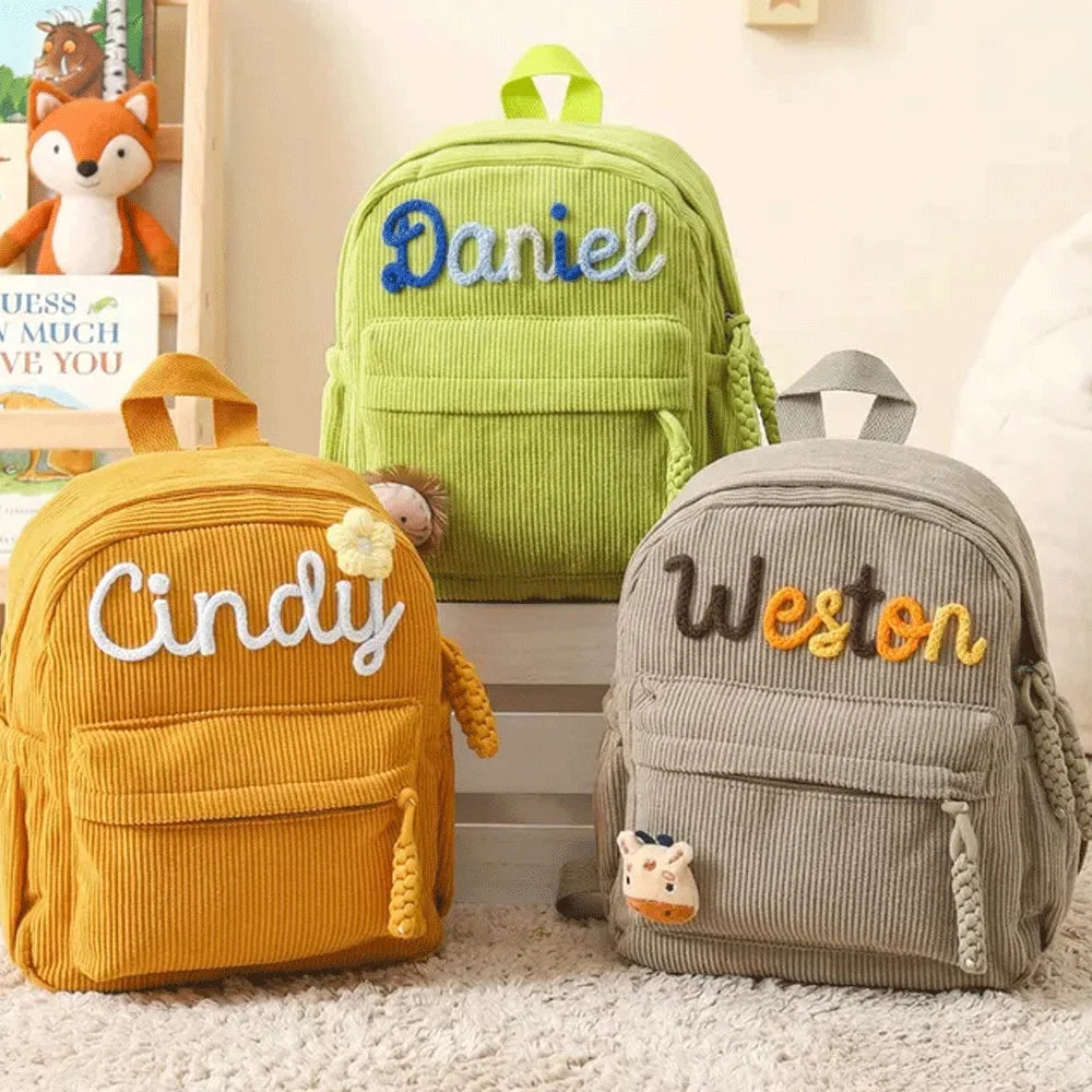 Personalized Small High-Quality Corduroy Backpack – Customizable School Bag with Name Print; Cute and Practical