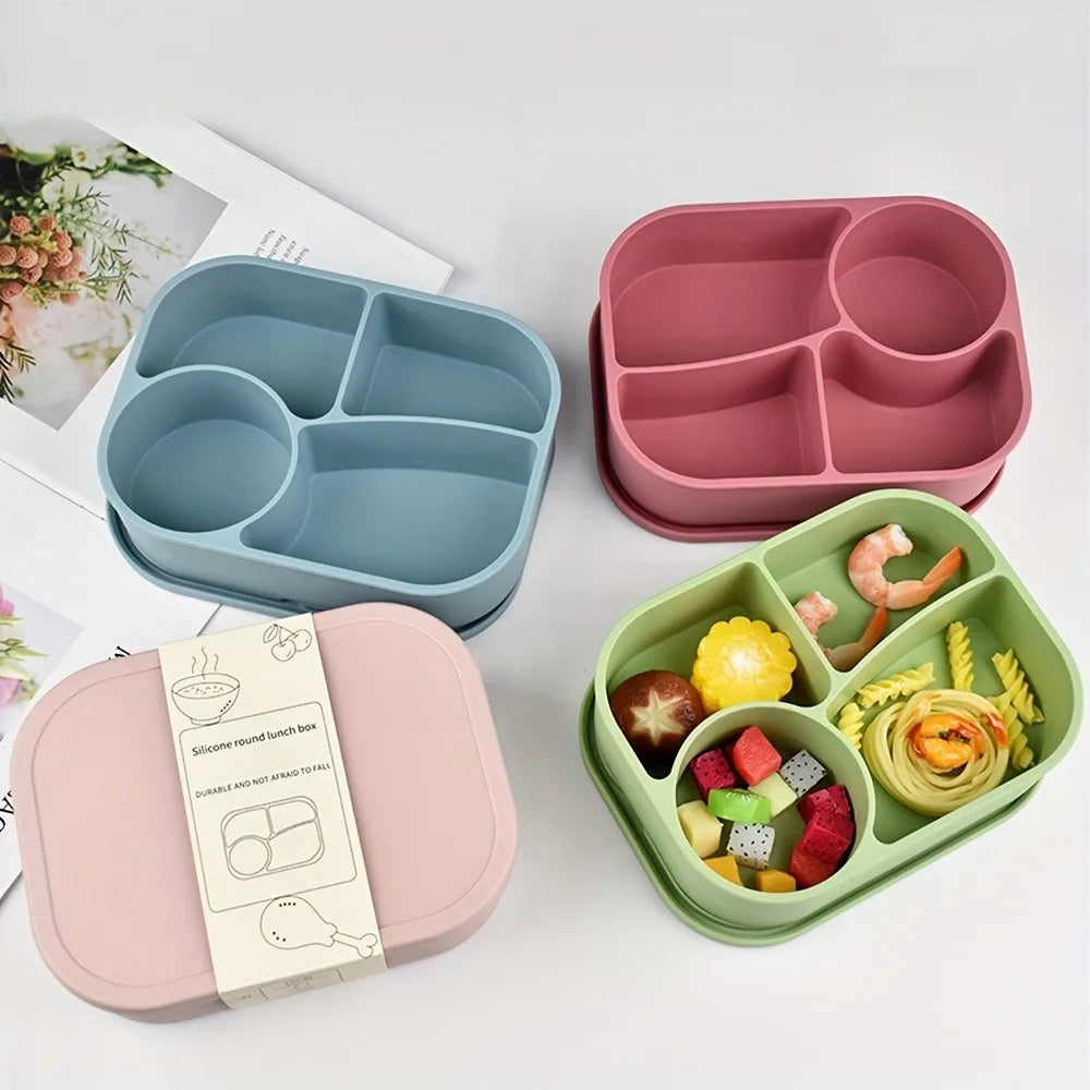 Rectangular Silicone 4 Grid Lunch Box Heat Resistant Leak Proof Lunch Container With Compartments Microwavable Food Box School