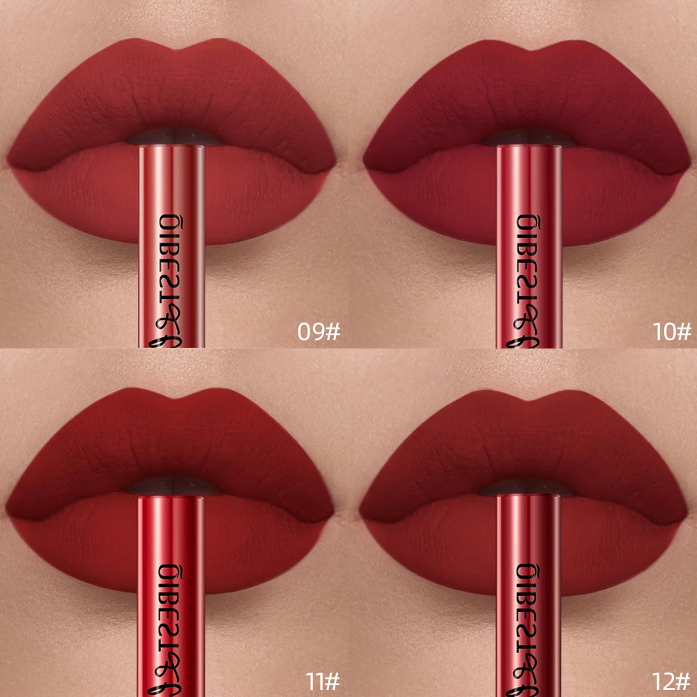 QIBEST Sexy Red Lip Gloss Long Lasting Velvet Matte Liquid Lipstick Waterproof Lip Makeup Nonstick Cup Purple Lip Tint Black