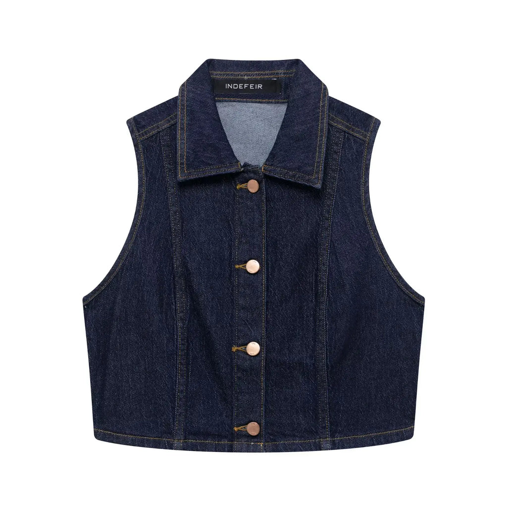 HH Women Turn-down Collar Single-breasted Sleeveless Denim Vest Top+High Waist Pocket Zipper Belt Flared Jeans 2 Piece Set