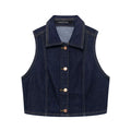 HH Women Turn-down Collar Single-breasted Sleeveless Denim Vest Top+High Waist Pocket Zipper Belt Flared Jeans 2 Piece Set