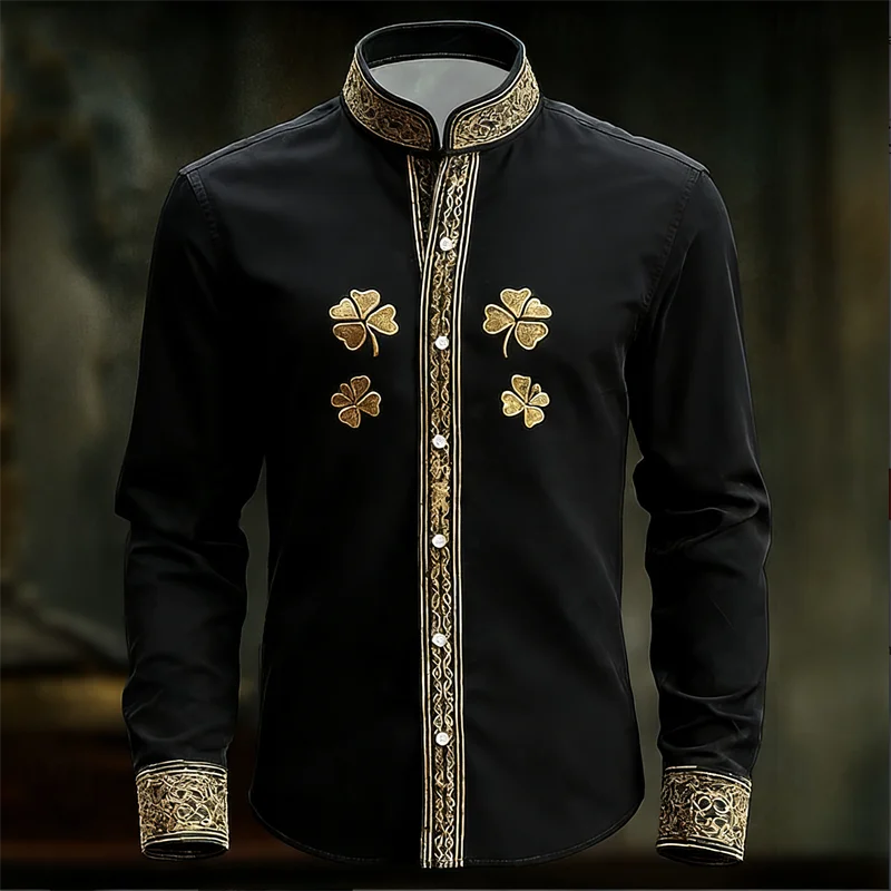 New Men's Floral Long Sleeved Shirt with Gold 3D Clover Print, Fashionable and Luxurious Long Sleeved Shirt Top