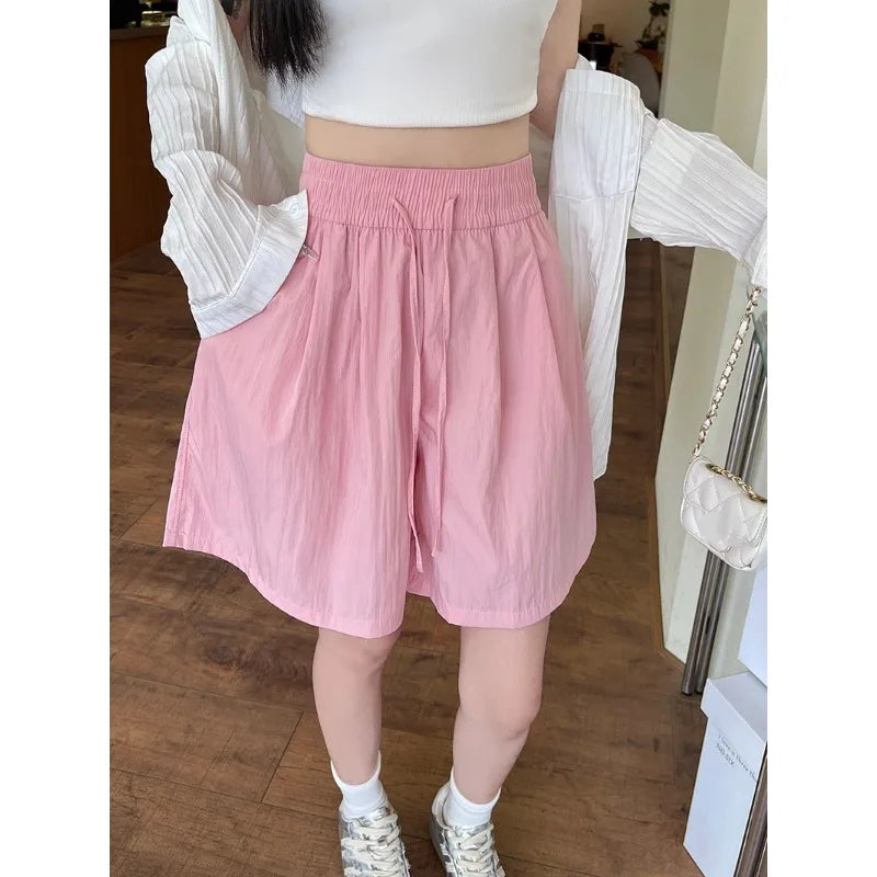 Summer New Solid Women’s Shorts Casual Drawstring Design Wide Leg Pants Women Korean Streetwear Shorts Trousers Oversized 2026